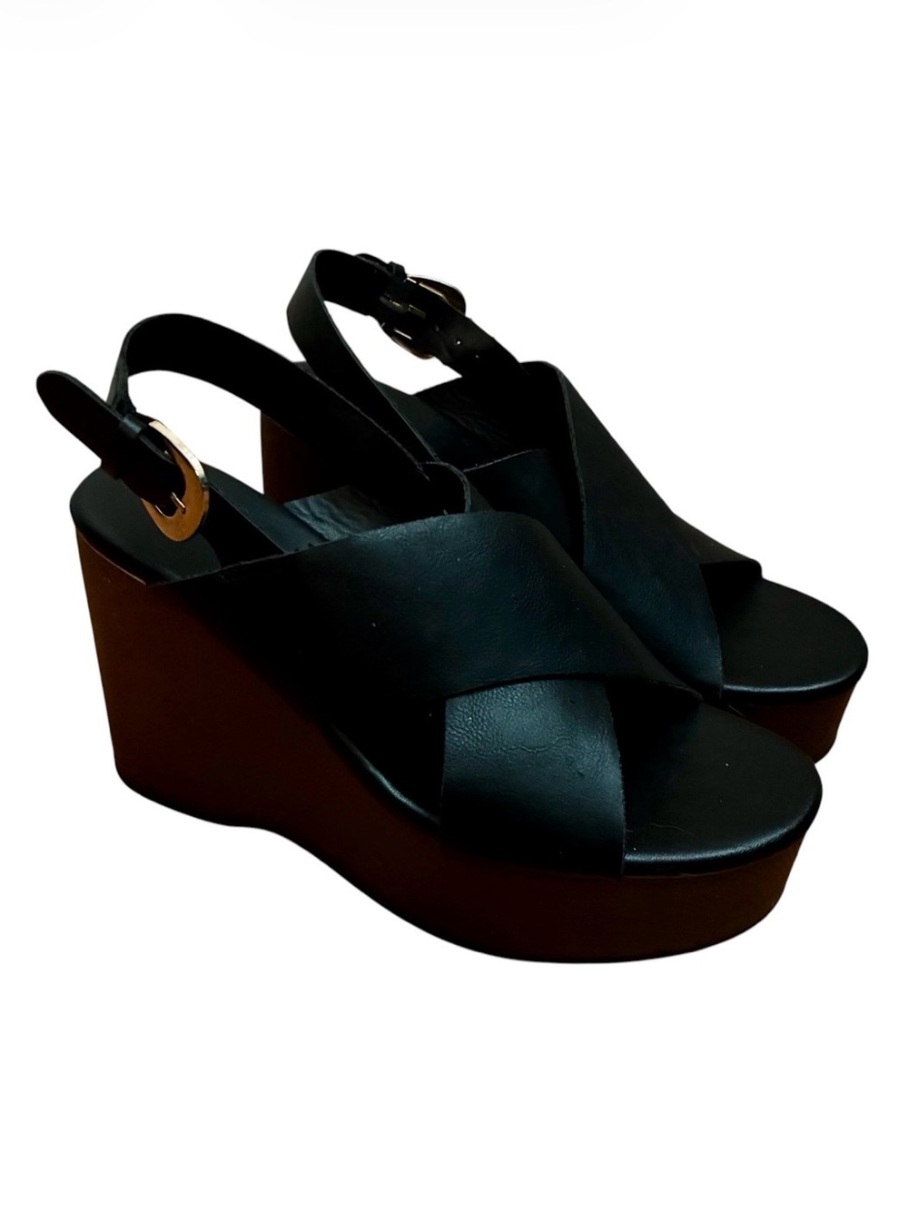 Old Navy Size 8 Black Boho Wedge Crisscross Faux Leather Platform Sandals Shoes